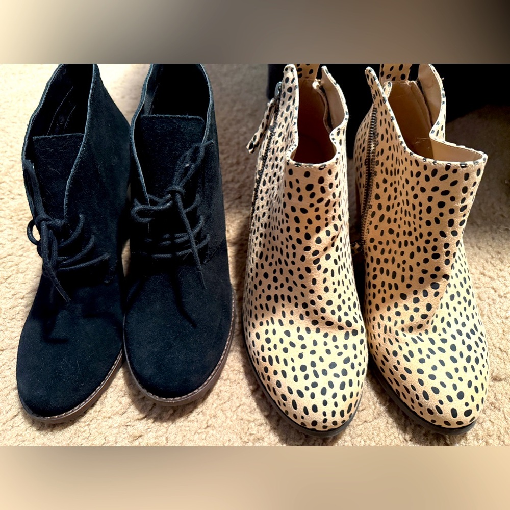 Two pairs of boots. Black ones are a lucky brand.  Spotted ones are from Torri
